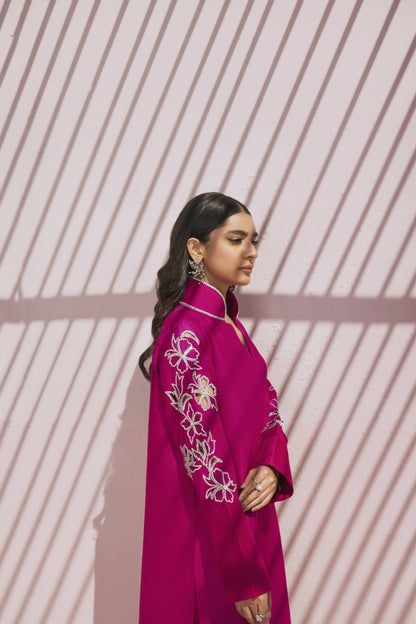 Pink Long Sleeve Raw Silk Set, Pink Eid Sets With Embroidered Sleeves, Pink Raw Silk Long Sleeve Kurta, Pink Long Sleeve Raw Silk Kurta, Long-sleeved Pink Silk Kurta, Festive Pink Sets With Embroidered Sleeves, Pink Traditional Sets With Embroidered Sleeves, Traditional Pink Sets With Embroidered Sleeves, Pink Sets With Embroidered Sleeves For Wedding