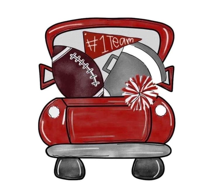 a red car filled with footballs and cheer balls