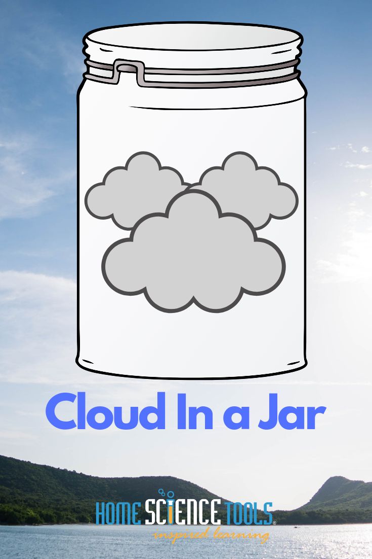 a jar with clouds in it and the words cloud in a jar above it on a lake