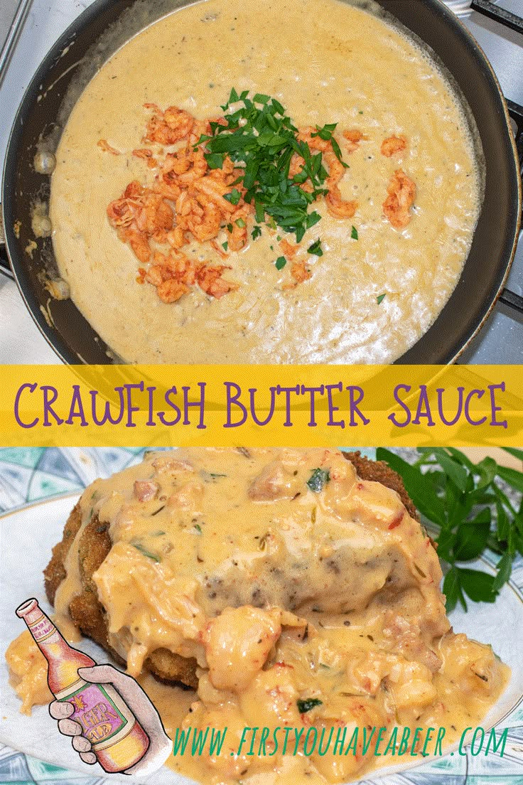 two pictures with different types of food in them and the words crawfish butter sauce