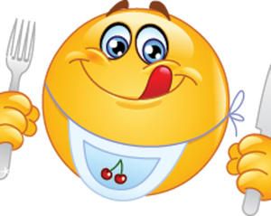 an emoticive smiley face holding a fork and knife with its tongue out,