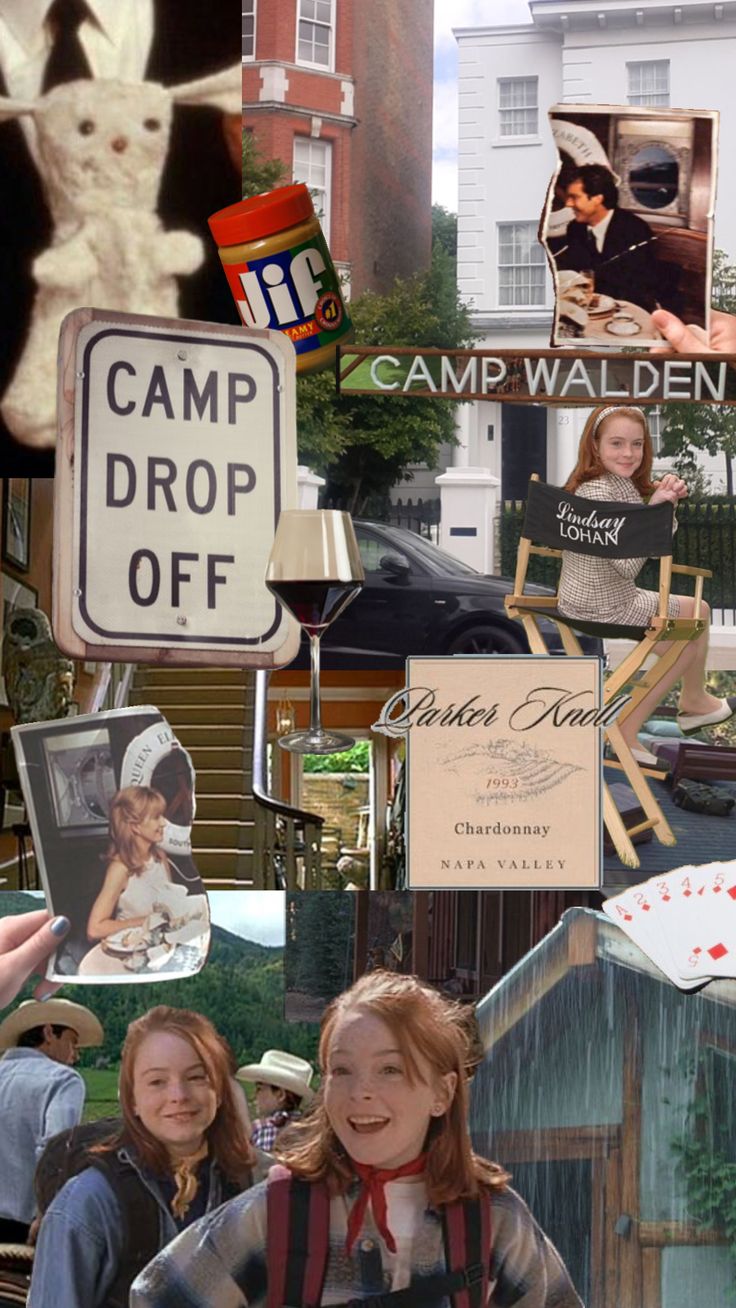 a collage of pictures with people and signs in the middle one has a camp drop off sign on it