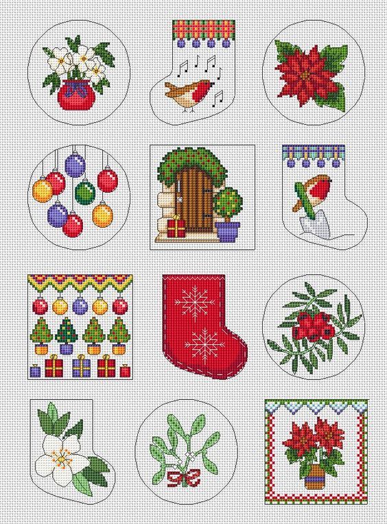 cross stitch christmas stocking designs with stockings, stockings and ornaments on them are shown