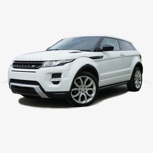 the white range rover is parked in front of a white background and there is no image on it