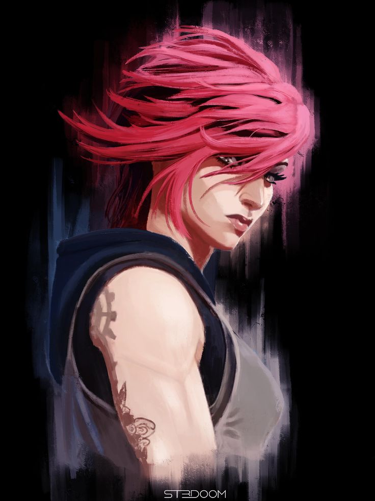 an anime character with pink hair and piercings on his chest, looking to the side