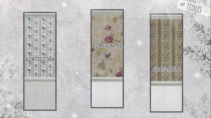 three white doors with floral wallpaper on them and numbers in the bottom left corner