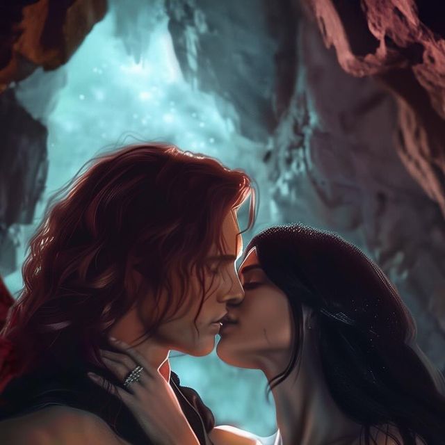 two women kissing each other in front of a cave