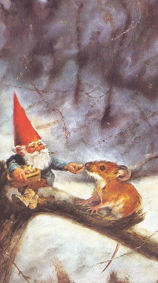 a painting of a gnome sitting on a tree branch with a rodent in it's hand