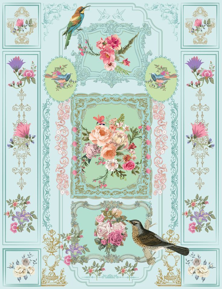 Vintage shabby chic wall painting illustration with rose, peony and birds. Versailles inspired Shabby Chic Wall Decor on pastel green color. Rococo Wallpaper, Rococo Painting, Baroque Wall, Royal Wallpaper, Rose Gold Wallpaper, Print Design Art, Floral Border Design, Art Deco Wallpaper, Flower Background Wallpaper