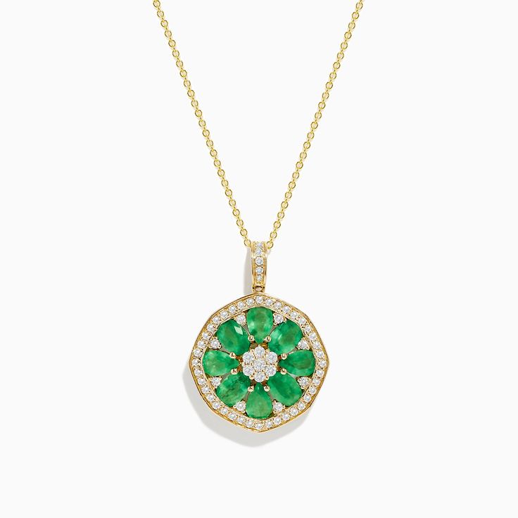 Effy Brasilica 14K Yellow Gold Emerald and Diamond Pendant Gold Multi-stone Jewelry For May Birthstone, Multi-stone Emerald Gold Jewelry, Multi-stone Round Jewelry For May Birthstone, Green Multi-stone Round Necklaces, Green Multi-stone Round Necklace, Round Multi-stone Emerald Jewelry, Yellow Gold Multi-stone Round Pendant Jewelry, Yellow Gold Multi-stone Necklace For May Birthstone, May Birthstone Multi-stone Pendant Jewelry