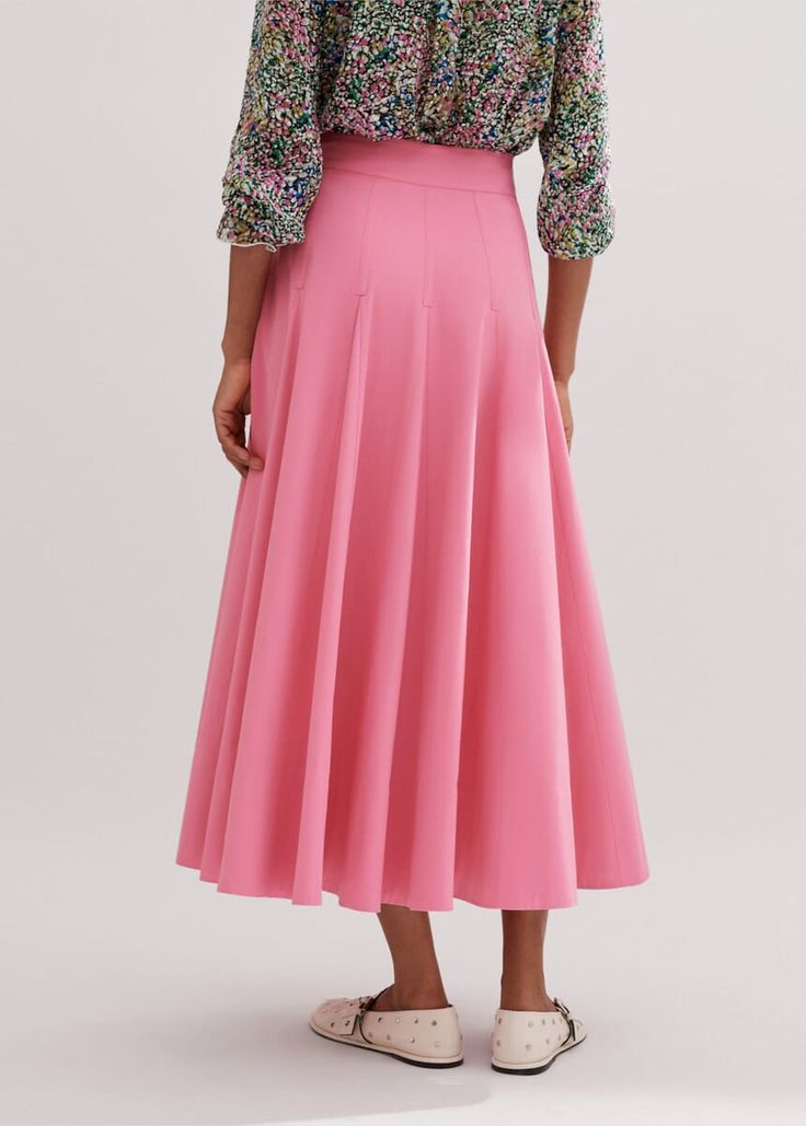 Heavy Cotton Sateen Maxi Skirt Perfect Pink Feminine Fitted A-line Skirt, Spring Fitted Pleated Skirt For Workwear, Spring Flared Skirt Bottoms In Elastane, Spring Office Skirt Made Of Elastane, A-line Elastane Bottoms, Fitted A-line Skirt For Workwear, Spring Elastane Pleated Skirt, Spring Fitted A-line Pleated Skirt, A-line Elastane Lined Skirt