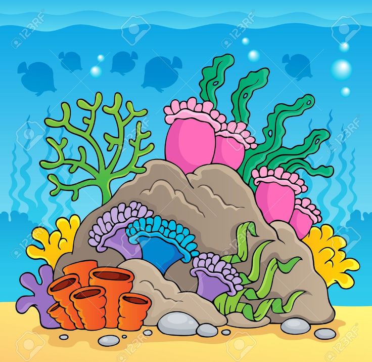 an underwater scene with corals and seaweed on the bottom of a pile of rocks