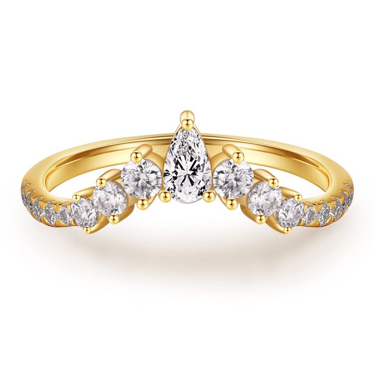 a yellow gold engagement ring with three pear shaped diamonds on the band and side stones