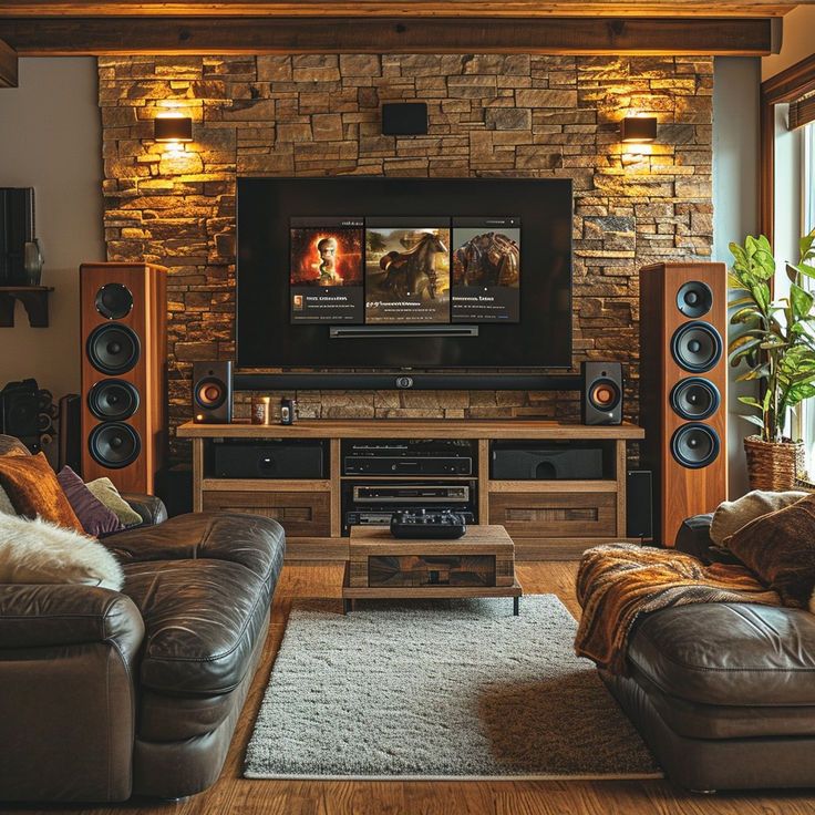 Cozy living room with leather sofas, entertainment system, flat-screen TV, and stone accent wall. Warm earth tones and soft lighting create a comfortable and inviting atmosphere. Stone Accent Wall, Basement Tv Rooms, Industrial Chic Interior Design, Stone Accent Walls, Tips Design, Living Room Built Ins, Home Cinema Room, Interior Design Sketch, Stylish Interior Design