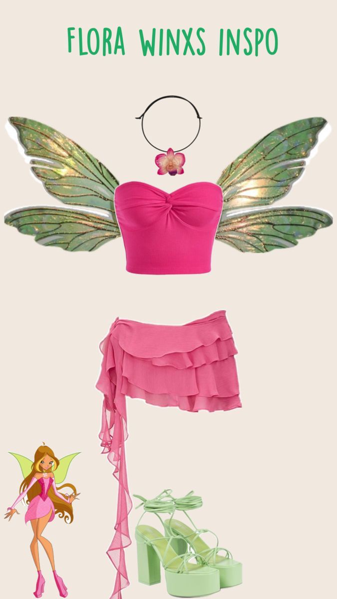 a pink top and skirt with green wings on the bottom, in front of a white background