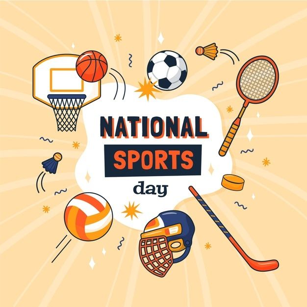 the national sports day poster is shown with various items around it, including basketballs and tennis