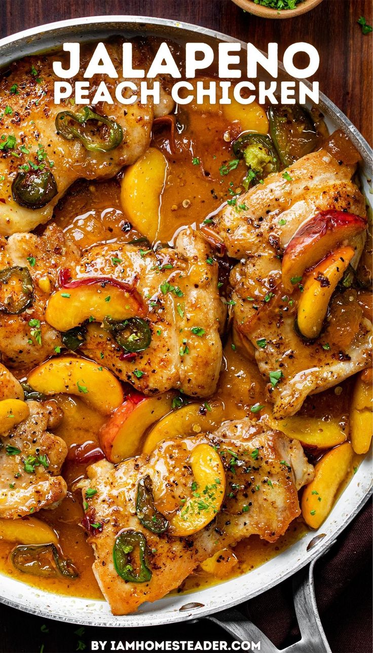 A white pan with a silver handle is filled with jalapeno peach chicken and placed on a wooden countertop. Meal Prep For Breakfast Lunch And Dinner, Chicken Sweet And Spicy, Chicken Different Ways, Spicy Meals Healthy, Spicy Peach Chicken, Chicken With Hot Cherry Peppers, Hearty Sunday Dinner, Very Simple Dinner Recipes, Half And Half Chicken Recipes