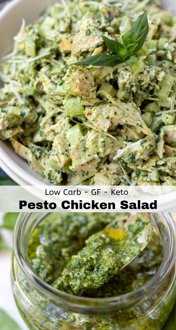 pesto chicken salad in a white bowl next to a jar filled with pesto