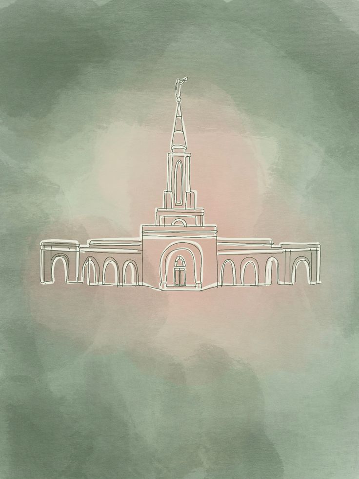 a drawing of a church with a steeple in the center and a cross on top