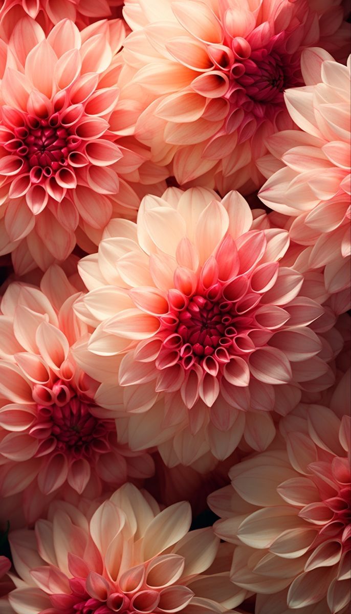 pink and red flowers are arranged together in this image, with the petals slightly open