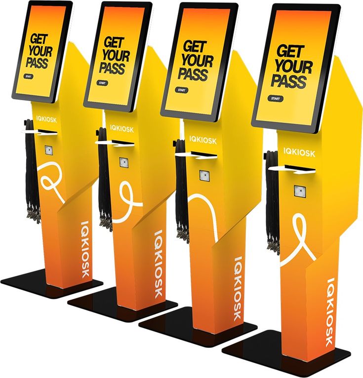 four electronic kiosk displays with the words get your pass on one side and an arrow on the other