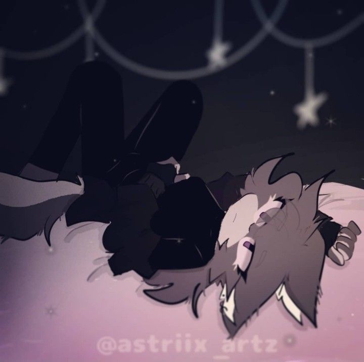 an animated cat laying on top of a bed under a star filled sky at night