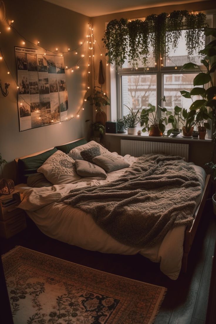 an unmade bed in a bedroom with lights strung above the headboard and windows