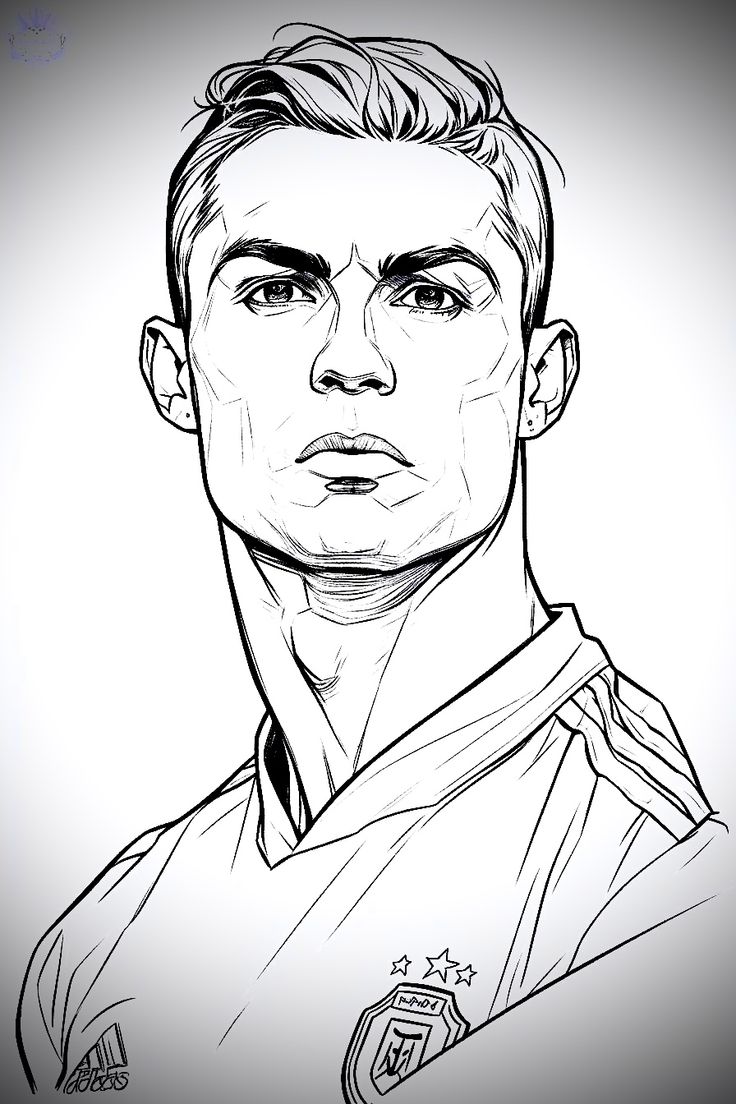 a black and white drawing of a soccer player with his head turned to the side