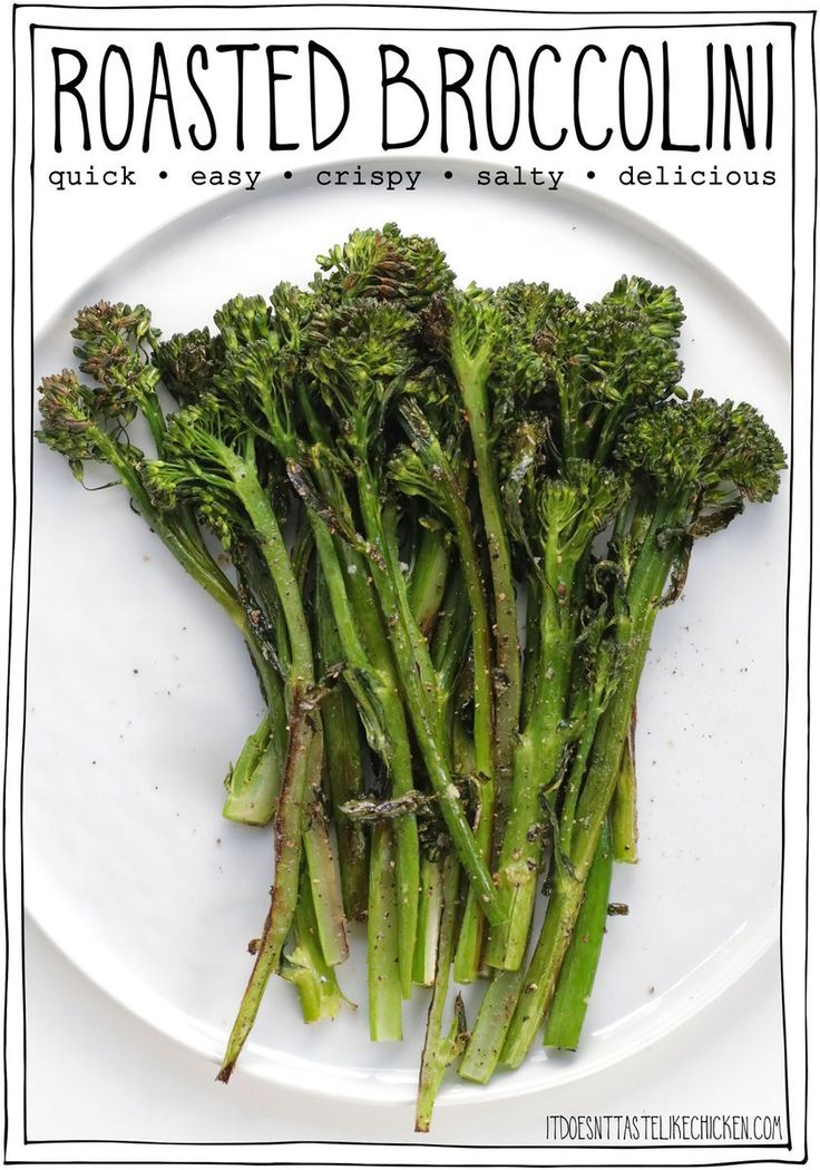 broccoli on a white plate with the words roasted broccoli