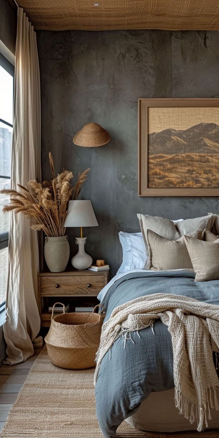 a bedroom with a bed, two lamps and pictures on the wall above it is decorated in neutral colors