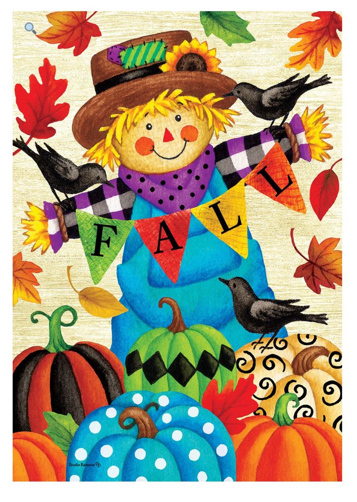 a painting of a scare with fall decorations