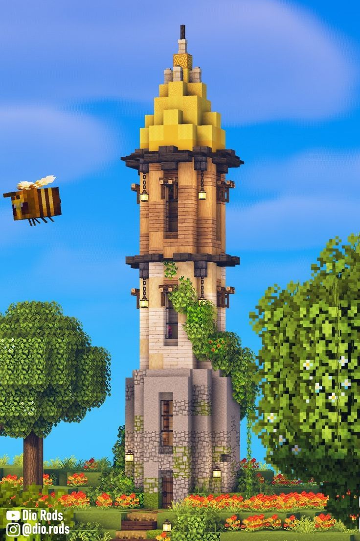 an image of a tower with trees and flowers in the background that looks like minecraft