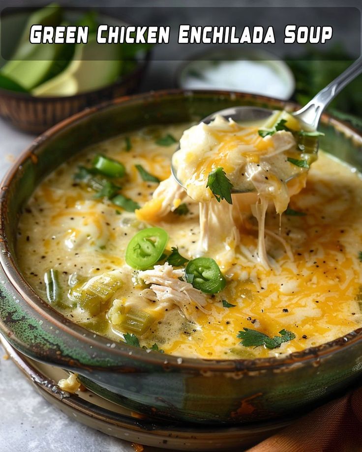 a spoonful of green chicken enchilada soup in a bowl with the title above it