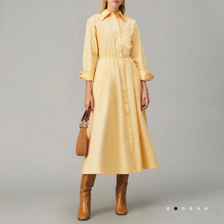 Tory Burch Eleanor Cotton Poplin Shirtdress! - Dark Vanilla Custard Color - Size 10 - Midi Length - Nwot/Never Worn! - Beautiful Dress! Elegant Yellow Dresses With Buttons, Elegant Yellow Shirt Dress For Work, Collared Yellow Dress For Work, Yellow Midi Shirt Dress For Work, Yellow Long Sleeve, Tory Burch Dress, Vanilla Custard, Shirtdress, Custard