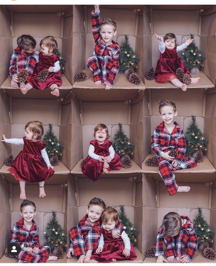 several photos of children in christmas outfits sitting on cardboard boxes with pine cones and fir trees