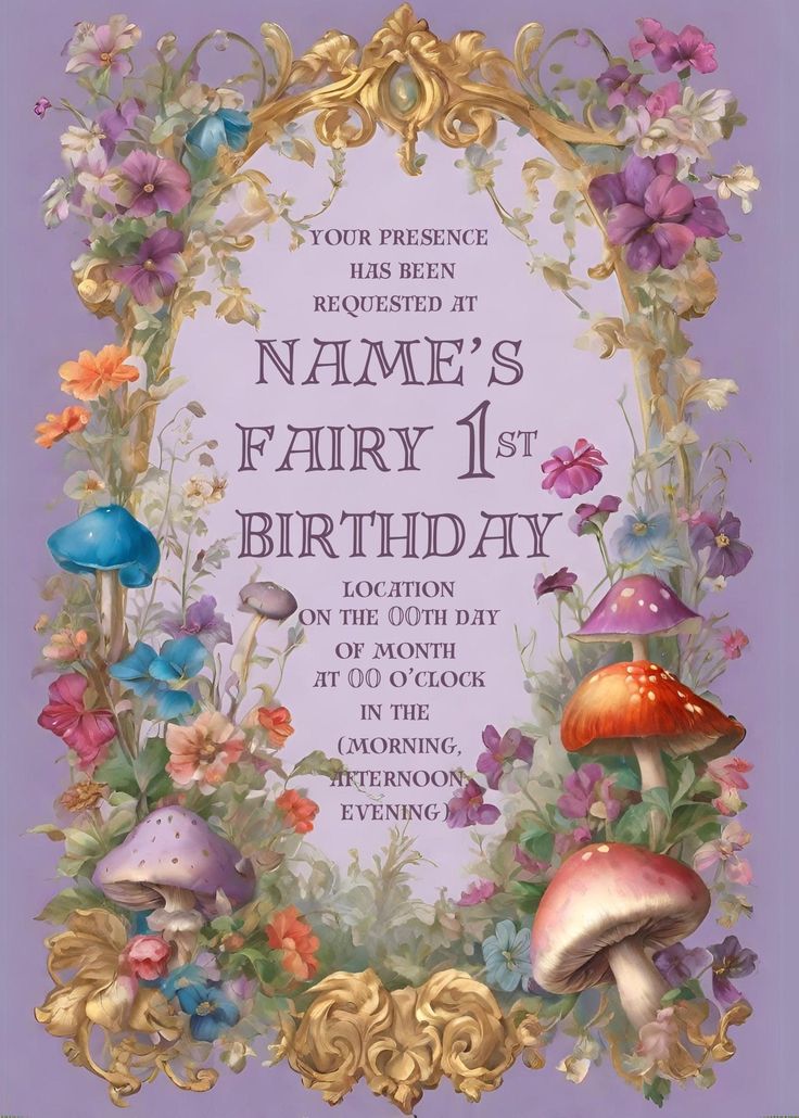 an ornate birthday card with mushrooms and flowers in the frame on purple background, says name's fairy 1st birthday