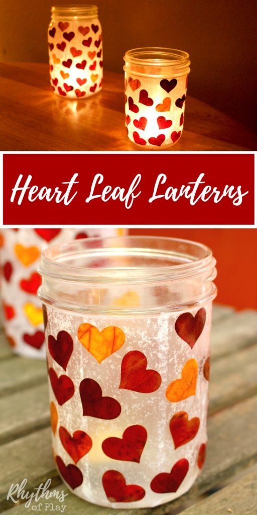 two jars with hearts painted on them and the words, heart leaf lanterns