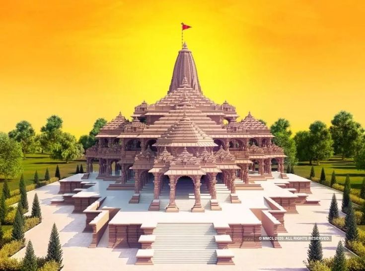 an artistic rendering of a temple in the middle of trees