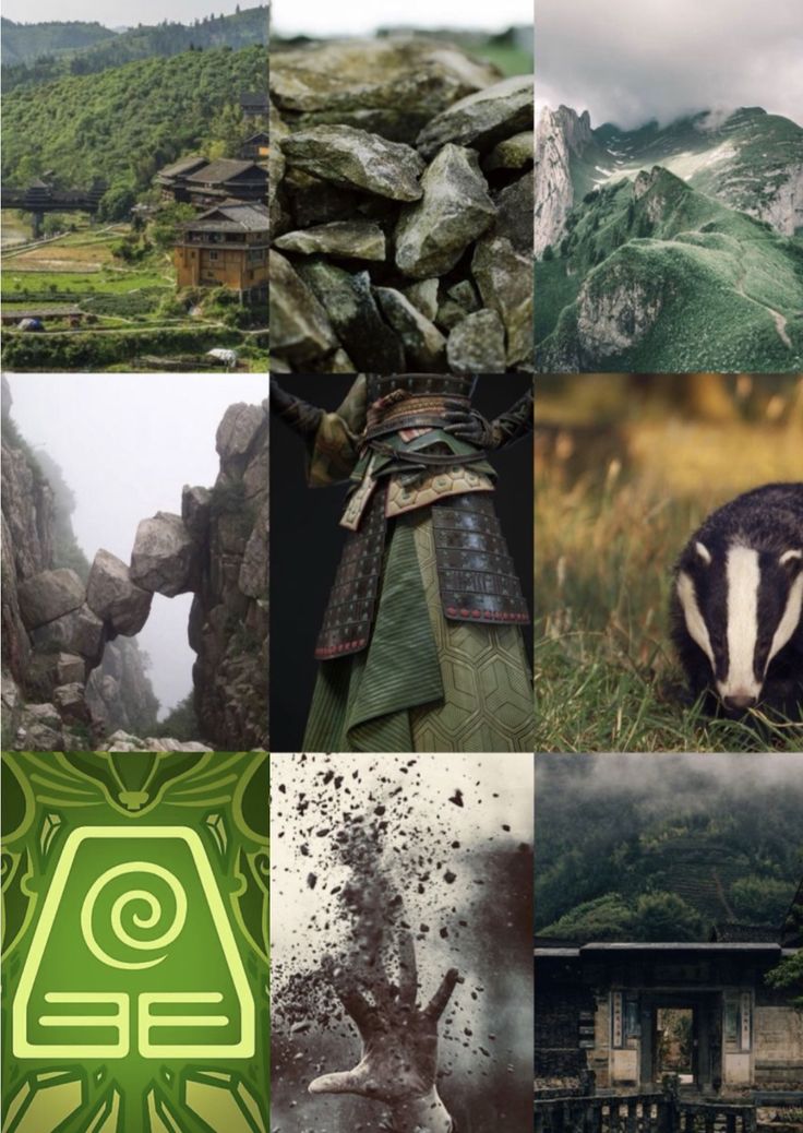 a collage of photos with animals and mountains in the background, including an old building