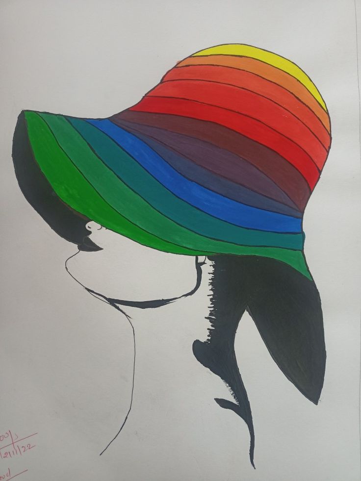 a drawing of a woman's face with a multicolored hat