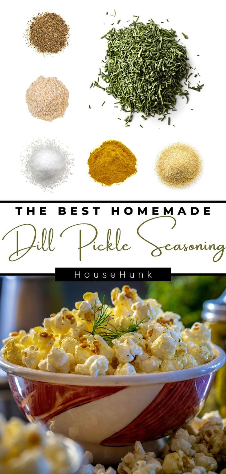 the best homemade dill pickle seasoning recipe in a bowl with herbs on top