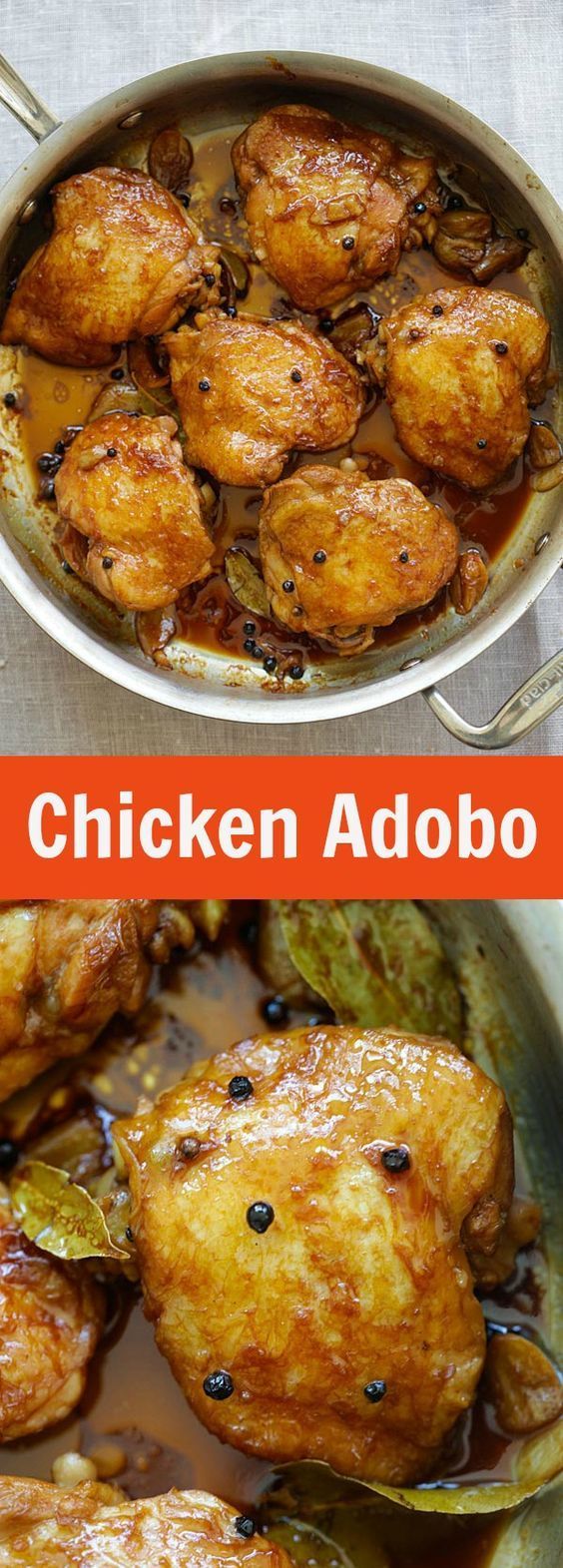 chicken adobo in a pan with spoons on the side and an image of it