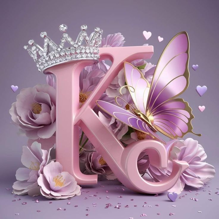 the letter k is surrounded by pink flowers and purple butterflies with a tiara on top