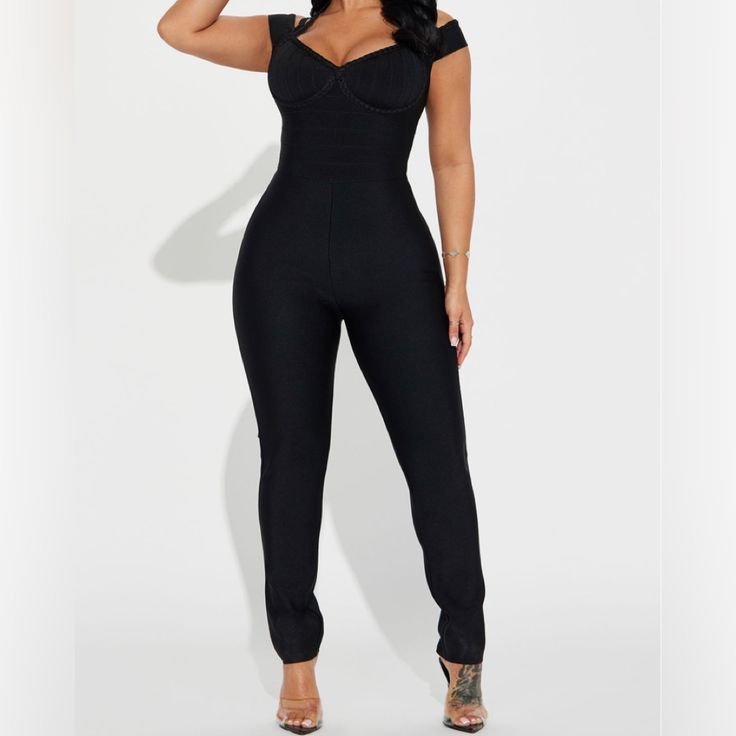 New With Tags Fashion Nova Black Bandage Jumpsuit Xl Black Fitted Strapless Jumpsuit In Elastane, Black Fitted Strapless Jumpsuit, Black Strapless Fitted Jumpsuit, Black Fitted Strapless Elastane Jumpsuit, Fitted High-waist Elastane Jumpsuits And Rompers, Night Out Fitted Strapless Elastane Jumpsuit, Fitted Strapless Elastane Jumpsuit For Night Out, Black High-waist Elastane Jumpsuits And Rompers, High Waist Black Elastane Bodysuit