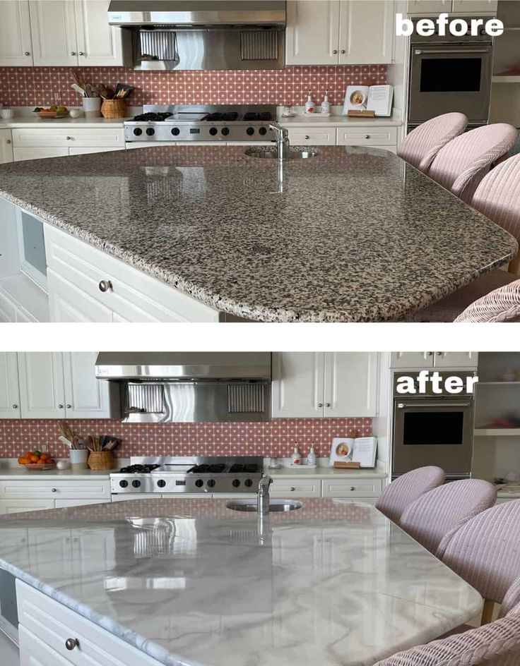 before and after photos of a kitchen countertop with pink dots on the backsplash