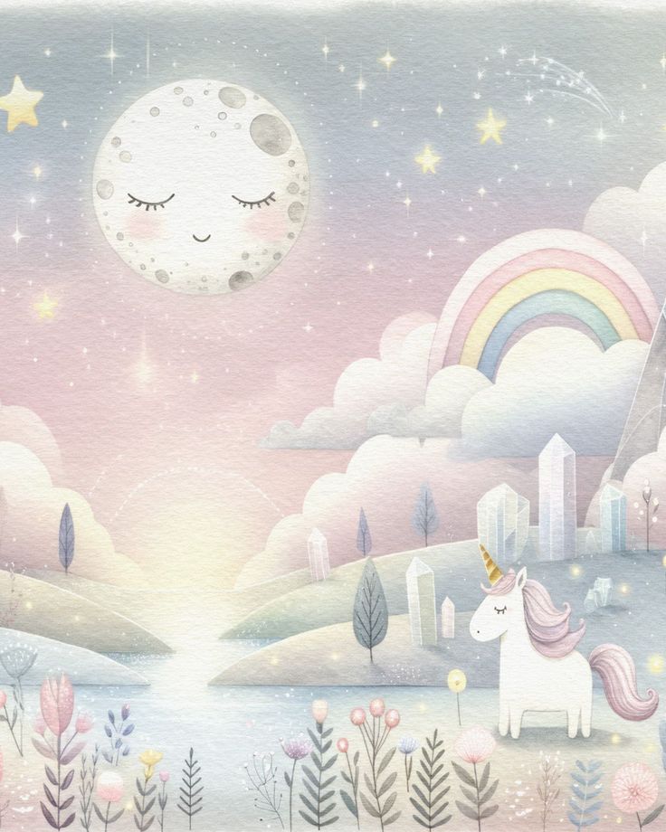 a painting of a unicorn with a rainbow and stars in the sky, surrounded by trees