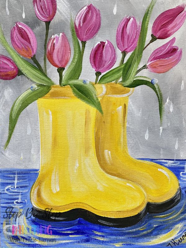 a painting of yellow rubber boots with pink tulips in them on a rainy day