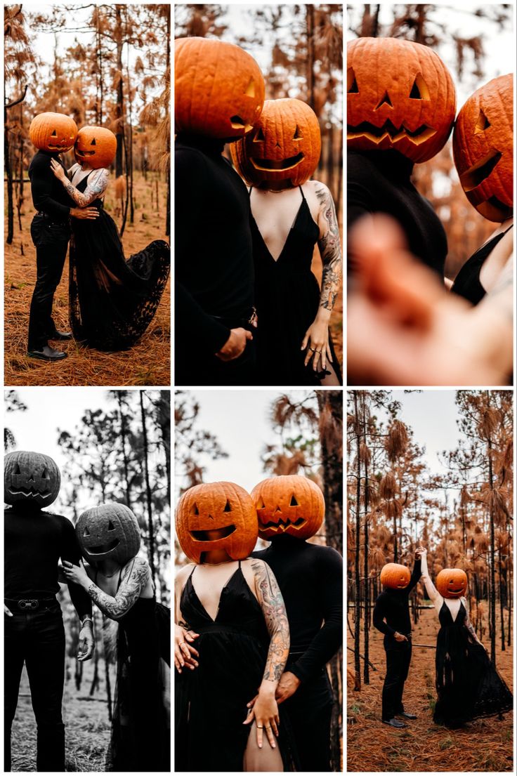 a couple dressed up as jack - o'- lanterns in the woods