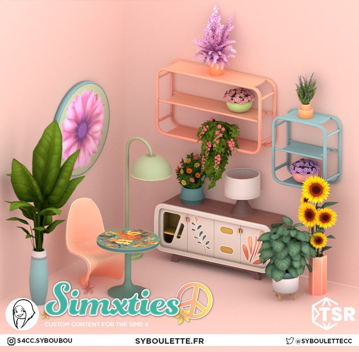 an assortment of plants and flowers are arranged in the corner of a room with pink walls