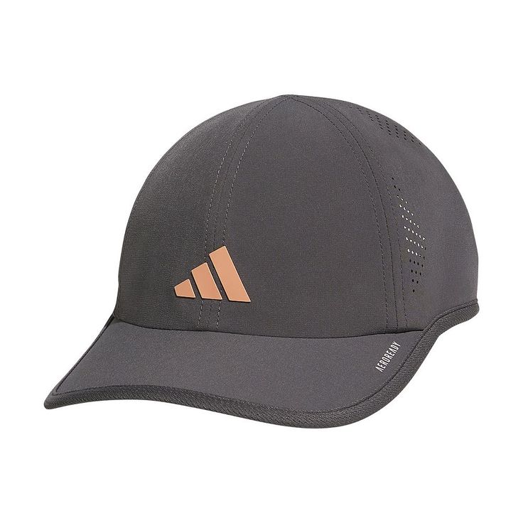 the adidas cap is grey and has an orange stripe on the front, along with black